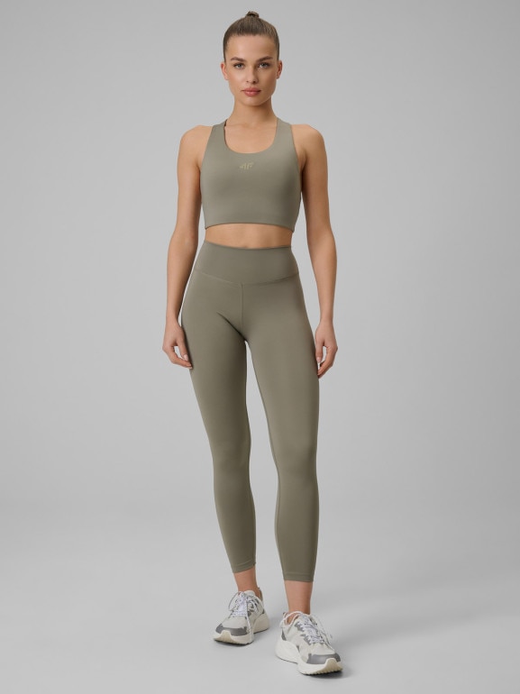 Damski biustonosz treningowy z niskim wsparciem 4F 4FWSS26USBAF219  - oliwkowy
