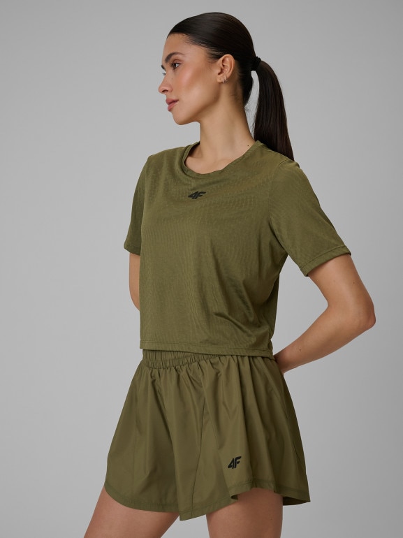 Damski crop top treningowy 4F 4FWSS26TFTSF1806 - khaki
