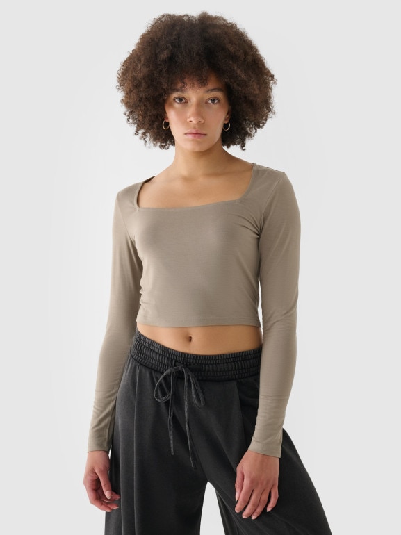 Damski longsleeve crop top 4F 4FRSS24TLONF499 - brązowy