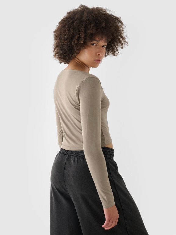Damski longsleeve crop top 4F 4FRSS24TLONF499 - brązowy