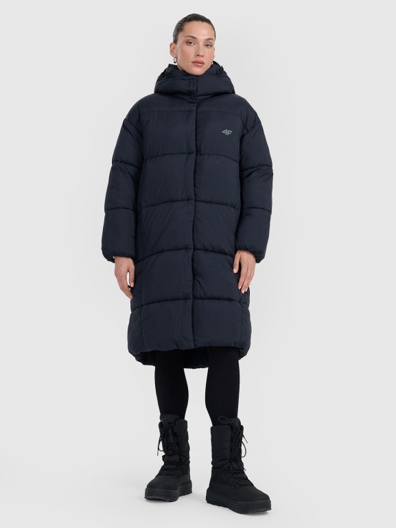 Damski płaszcz puchowy syntetyczny 4F 4FWAW25TDJAF588 - czarny
