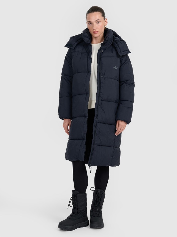 Damski płaszcz puchowy syntetyczny 4F 4FWAW25TDJAF588 - czarny