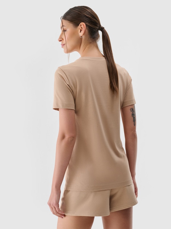 Damski t-shirt basic 4F 4FWMM00TTSHF2356 - beżowy