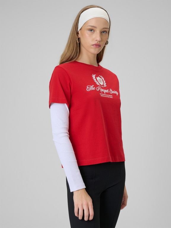 Damski t-shirt boxy z nadrukiem 4F 4FWSS26TTSHF2738 - czerwony