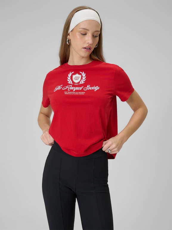 Damski t-shirt boxy z nadrukiem 4F 4FWSS26TTSHF2738 - czerwony