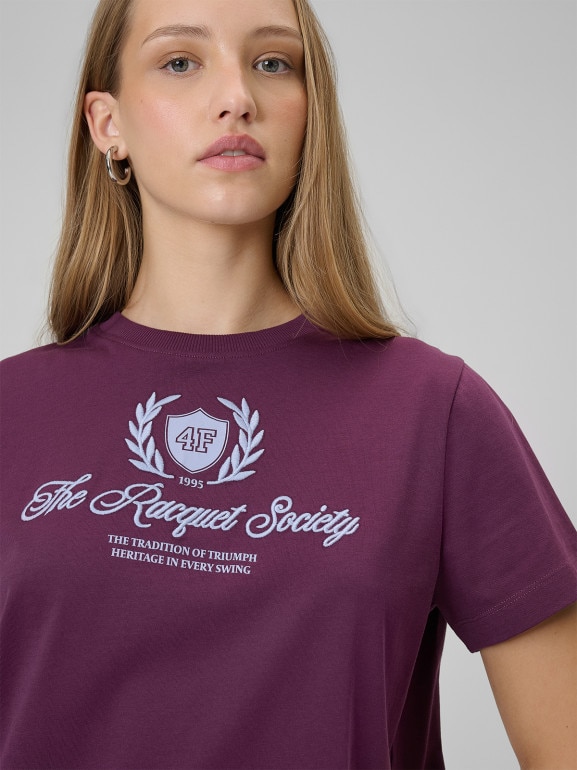 Damski t-shirt boxy z nadrukiem 4F 4FWSS26TTSHF2738 - burgundowy
