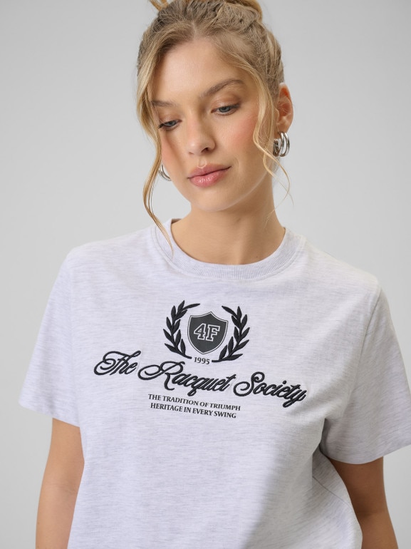 Damski t-shirt boxy z nadrukiem 4F 4FWSS26TTSHF2738 - szary