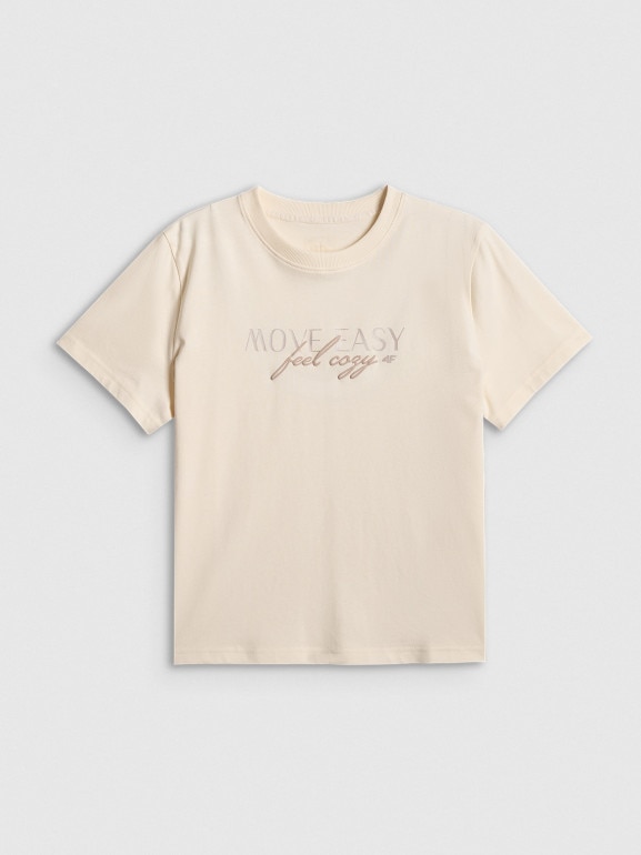 Damski t-shirt boxy z nadrukiem 4F 4FWSS26TTSHF2743 - beżowy