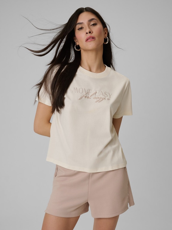 Damski t-shirt boxy z nadrukiem 4F 4FWSS26TTSHF2743 - beżowy