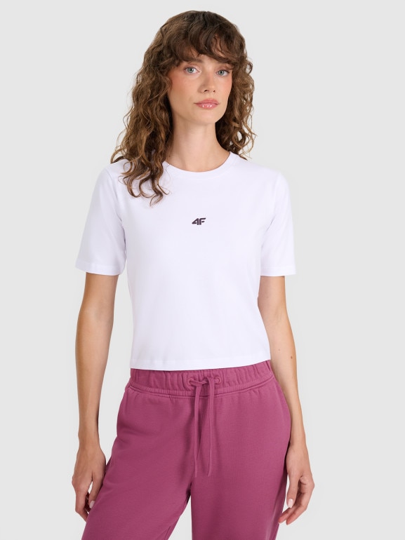 Damski t-shirt crop top 4F 4FWAW25TTSHF2971 - biały