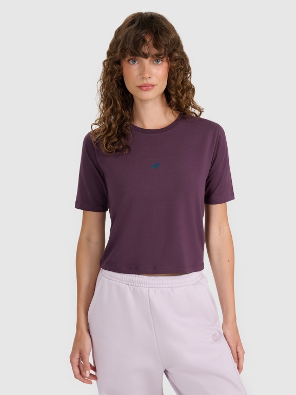 Damski t-shirt crop top 4F 4FWAW25TTSHF2971 - fioletowy