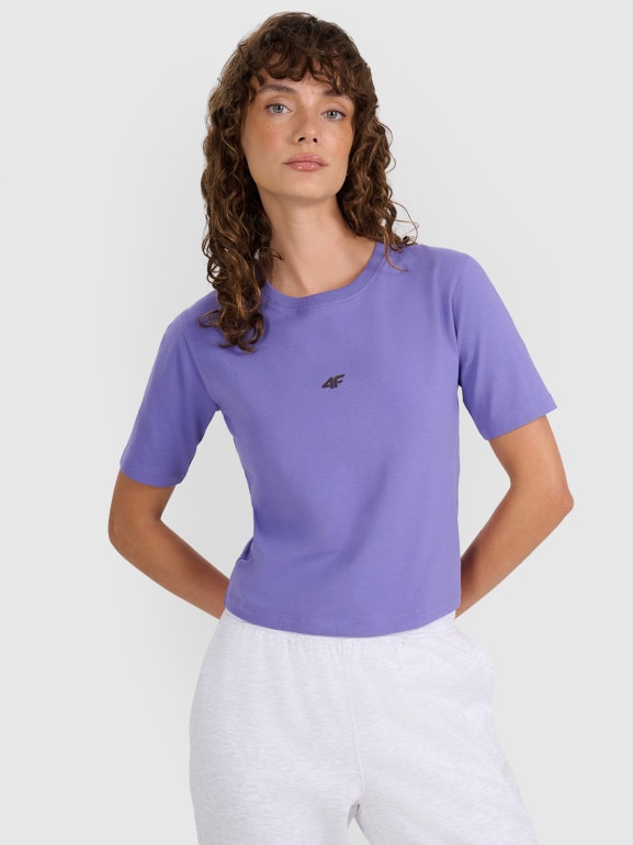 Damski t-shirt crop top 4F 4FWAW25TTSHF2971 - fioletowy