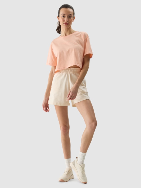 Damski t-shirt crop top 4F 4FWSS24TTSHF1357 - różowy