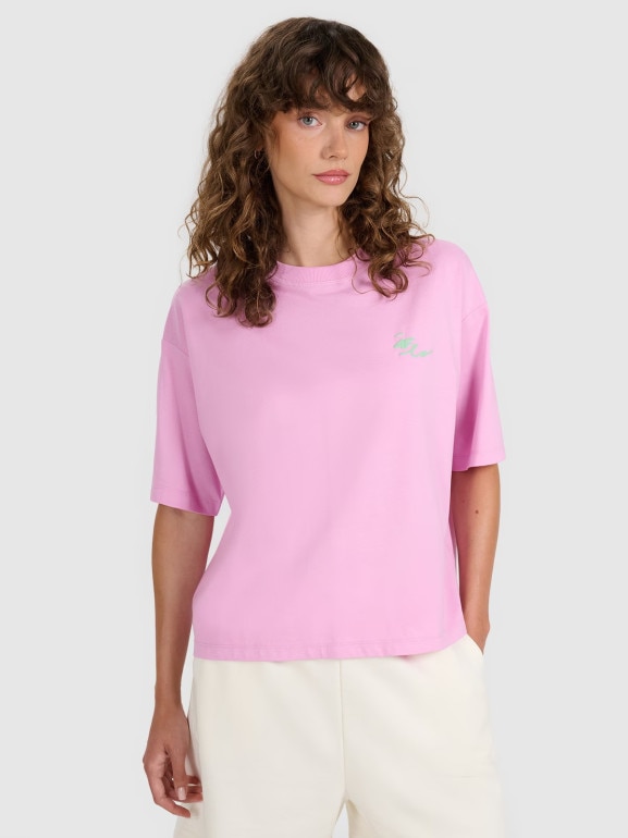 Damski t-shirt oversize z nadrukiem 4F 4FRSS25TTSHF2787 - różowy