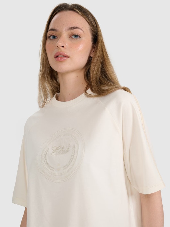 Damski t-shirt oversize z nadrukiem 4F 4FRSS25TTSHF2791 - biały