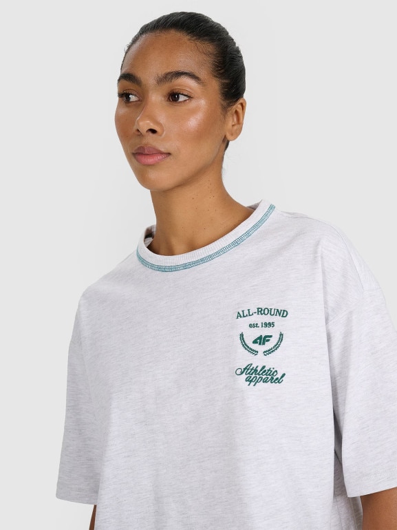 Damski t-shirt oversize z nadrukiem 4F 4FRSS25TTSHF2979 - szary