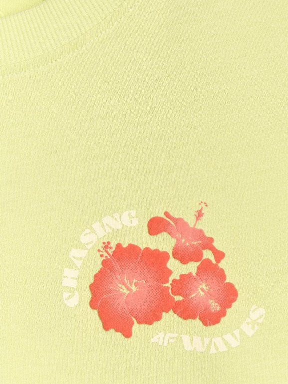 Damski t-shirt oversize z nadrukiem 4F 4FRSS25TTSHF3160 - żółty