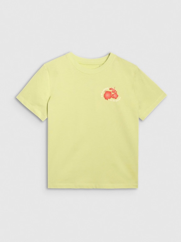 Damski t-shirt oversize z nadrukiem 4F 4FRSS25TTSHF3160 - żółty