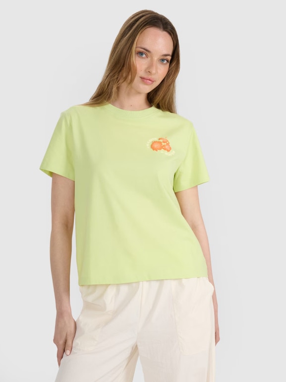 Damski t-shirt oversize z nadrukiem 4F 4FRSS25TTSHF3160 - żółty