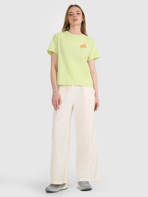 Damski t-shirt oversize z nadrukiem 4F 4FRSS25TTSHF3160 - żółty