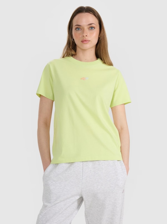 Damski t-shirt oversize z nadrukiem 4F 4FRSS25TTSHF3163 - żółty
