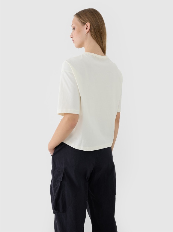 Damski t-shirt oversize z nadrukiem 4F 4FWSS25TTSHF1971 - biały