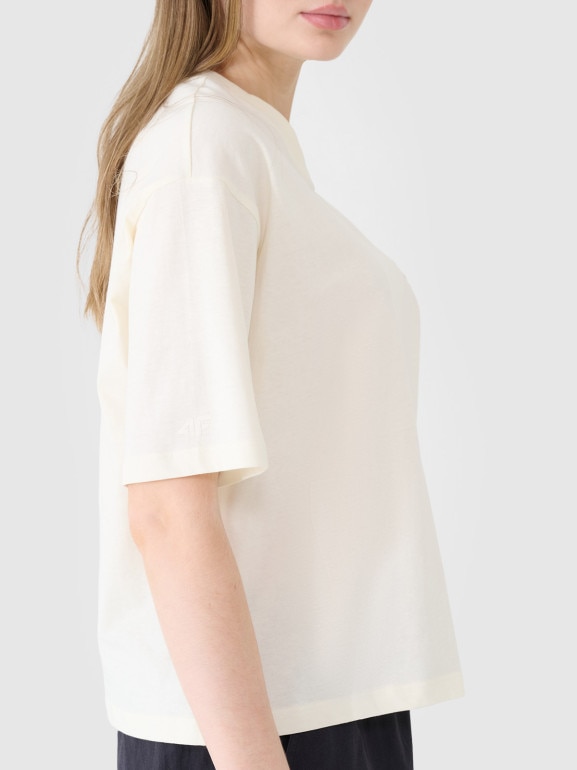 Damski t-shirt oversize z nadrukiem 4F 4FWSS25TTSHF1996 - biały