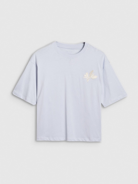 Damski t-shirt oversize z nadrukiem 4F 4FWSS25TTSHF1996 - niebieski