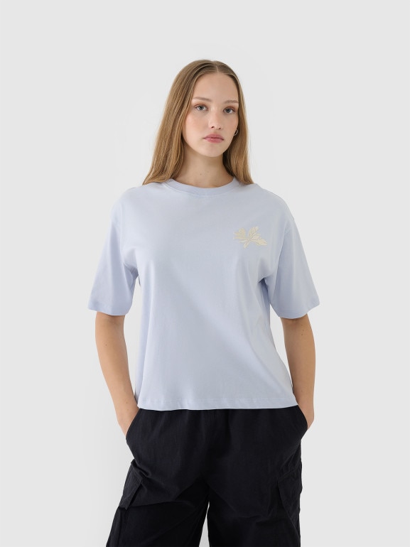 Damski t-shirt oversize z nadrukiem 4F 4FWSS25TTSHF1996 - niebieski