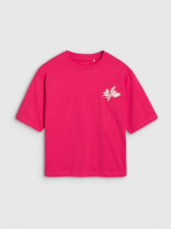 Damski t-shirt oversize z nadrukiem 4F 4FWSS25TTSHF1996 - różowy