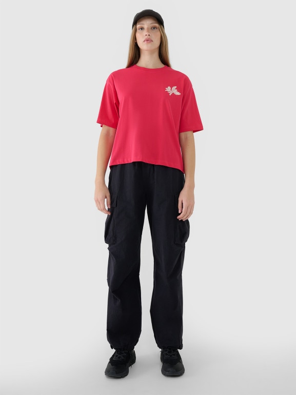 Damski t-shirt oversize z nadrukiem 4F 4FWSS25TTSHF1996 - różowy