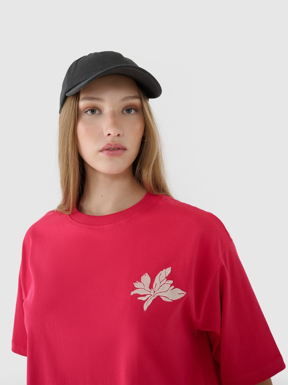 Damski t-shirt oversize z nadrukiem 4F 4FWSS25TTSHF1996 - różowy