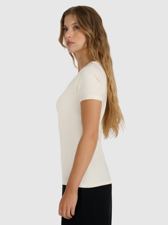 Damski t-shirt slim basic 4F 4FWAW25TTSHF2969 - beżowy