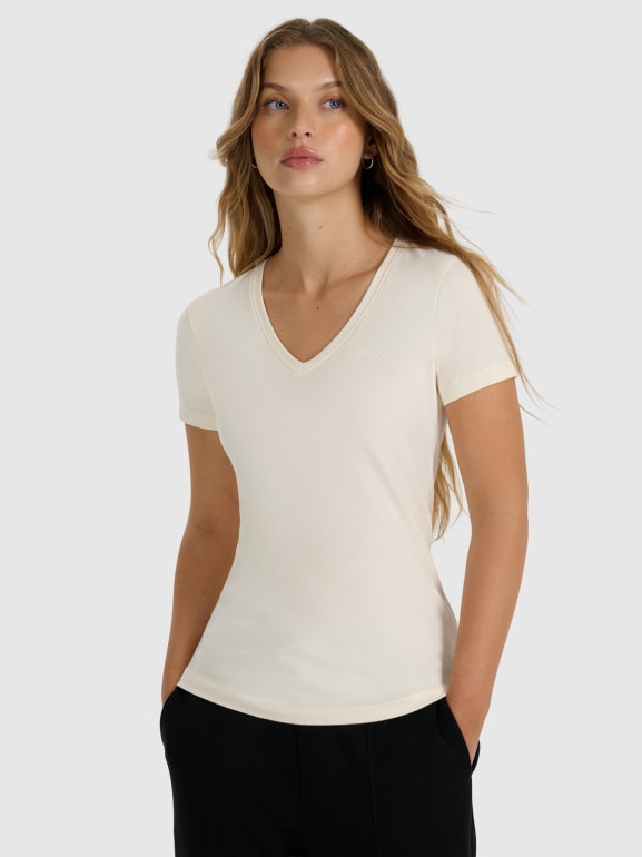 Damski t-shirt slim basic 4F 4FWAW25TTSHF2969 - beżowy