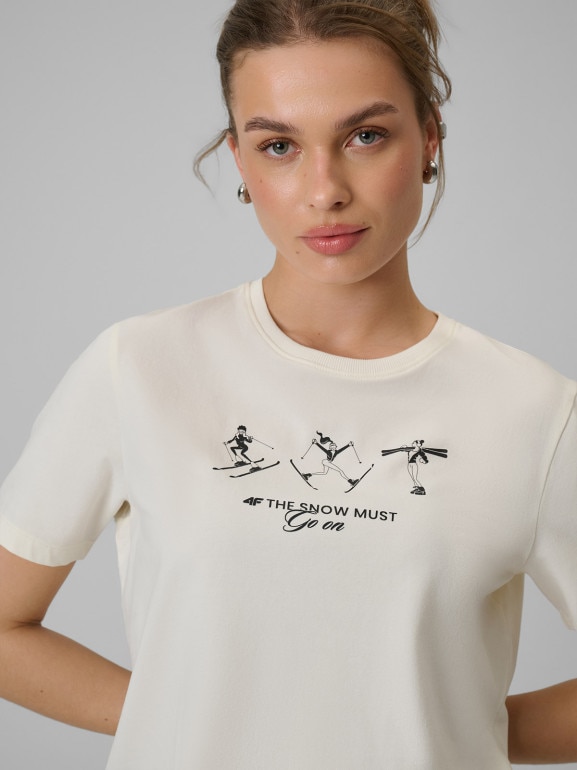 Damski t-shirt z nadrukiem 4F 4FRSS26TTSHF3447 - kremowy