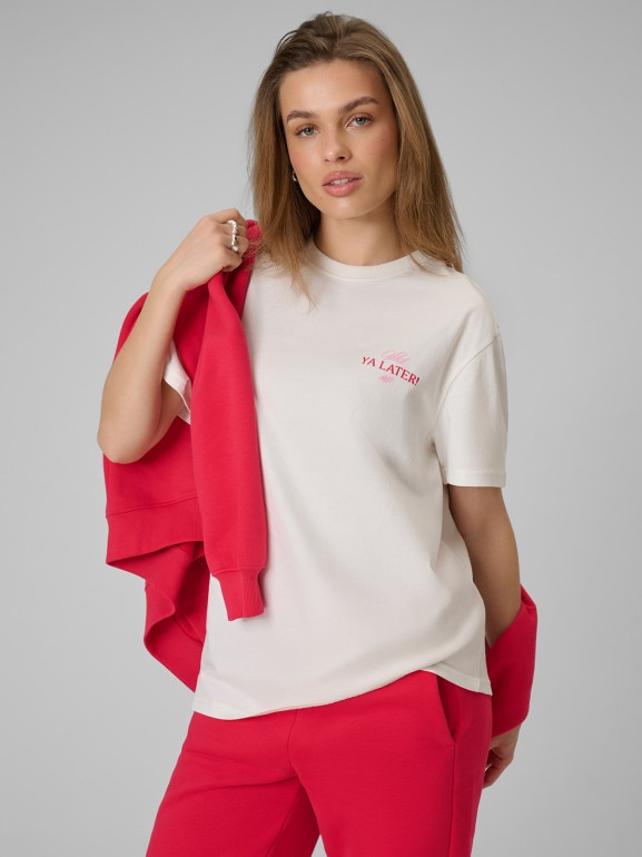 Damski t-shirt z nadrukiem 4F 4FRSS26TTSHF3449 - kremowy