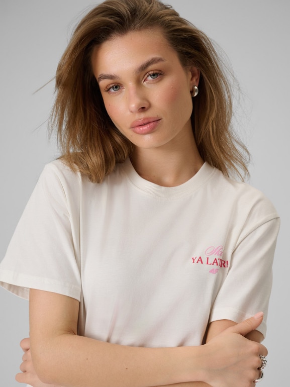 Damski t-shirt z nadrukiem 4F 4FRSS26TTSHF3449 - kremowy