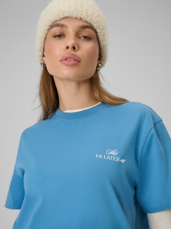 Damski t-shirt z nadrukiem 4F 4FRSS26TTSHF3449 - niebieski