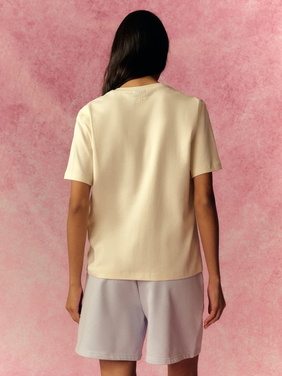 Damski t-shirt z nadrukiem 4F 4FRSS26TTSHF3848 - kremowy