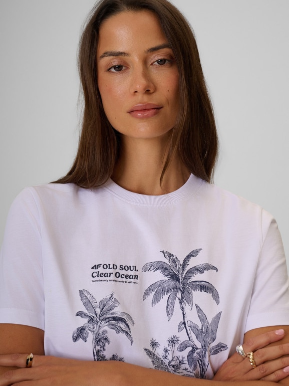Damski t-shirt z nadrukiem 4F 4FRSS26TTSHF4020 - biały