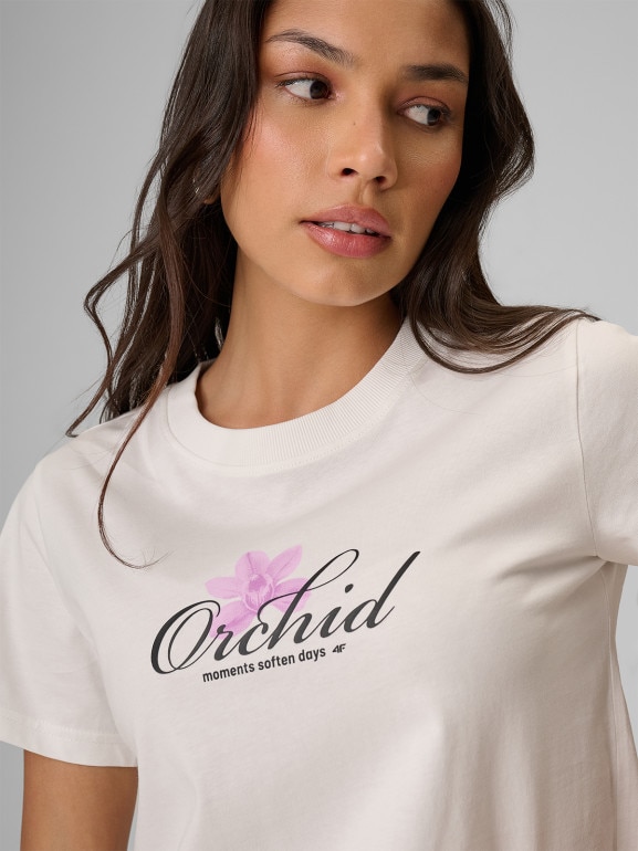 Damski t-shirt z nadrukiem 4F 4FRSS26TTSHF4028 - biały