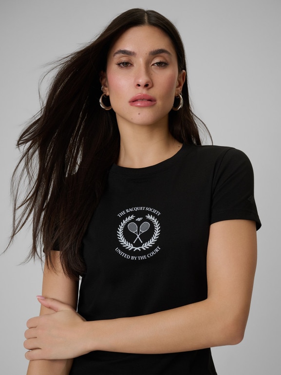 Damski t-shirt z nadrukiem 4F 4FWSS26TTSHF2723 - czarny