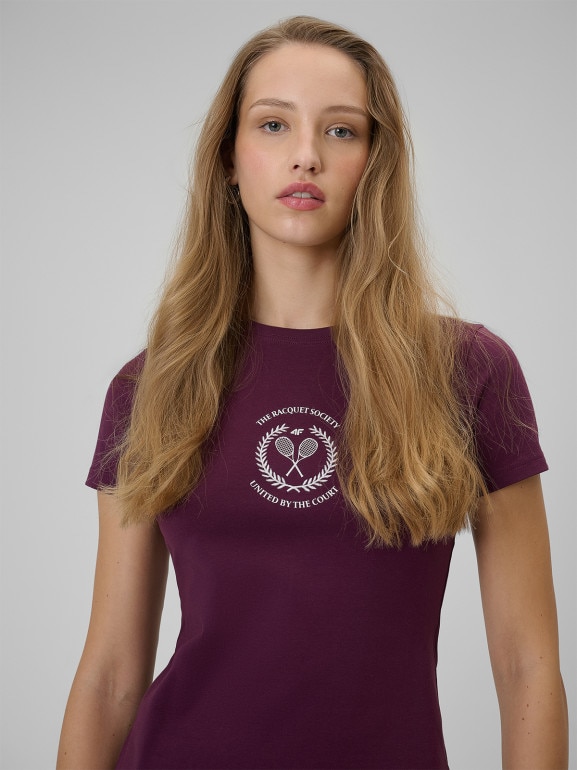 Damski t-shirt z nadrukiem 4F 4FWSS26TTSHF2723 - fioletowy