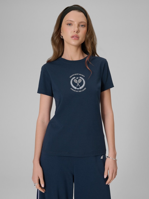 Damski t-shirt z nadrukiem 4F 4FWSS26TTSHF2723 - granatowy