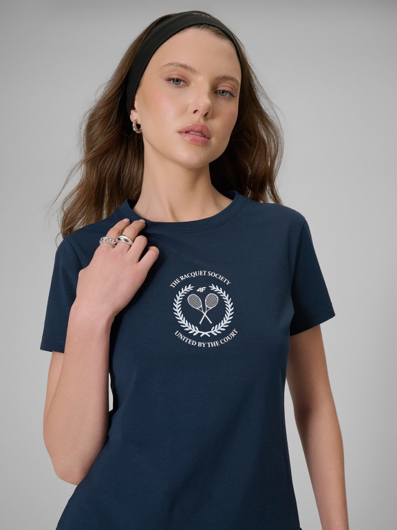 Damski t-shirt z nadrukiem 4F 4FWSS26TTSHF2723 - granatowy