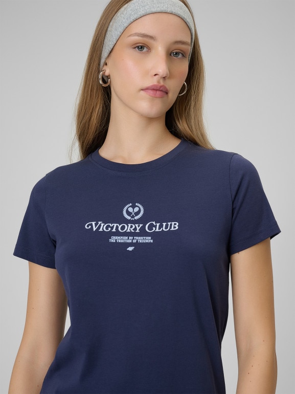 Damski t-shirt z nadrukiem 4F 4FWSS26TTSHF2724 - granatowy