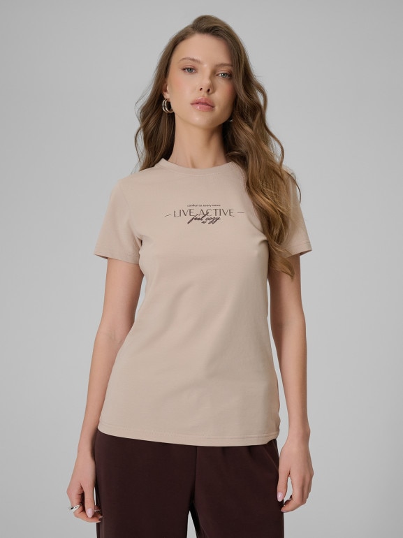 Damski t-shirt z nadrukiem 4F 4FWSS26TTSHF2742 - beżowy
