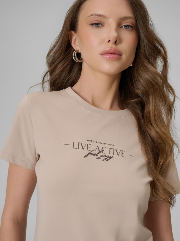 Damski t-shirt z nadrukiem 4F 4FWSS26TTSHF2742 - beżowy