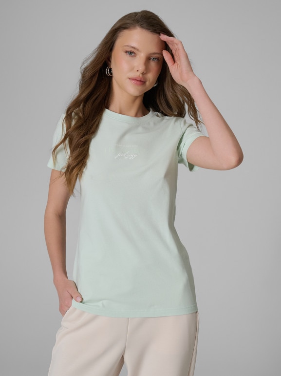 Damski t-shirt z nadrukiem 4F 4FWSS26TTSHF2742 - miętowy