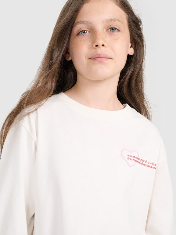 Dziewczęcy longsleeve z nadrukiem 4F 4FJRAW25TLONF589 - biały
